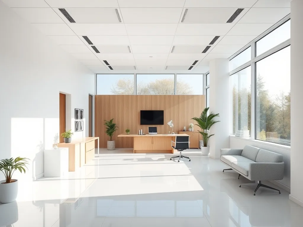 Professional clean office interior with large windows, minim