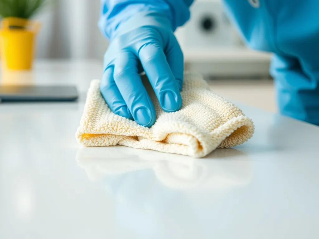 Close up of a professional cleaning worker hand in blue glov