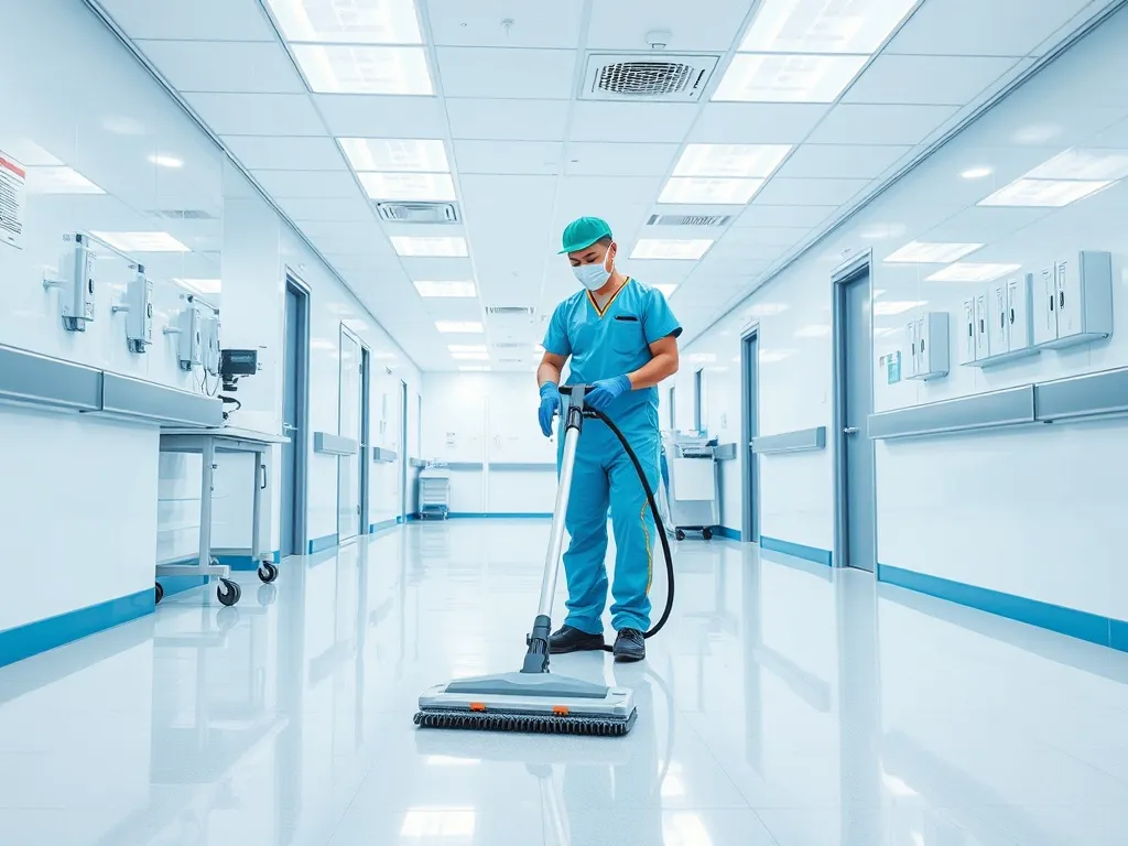 A professional industrial cleaning operator in a medical fac