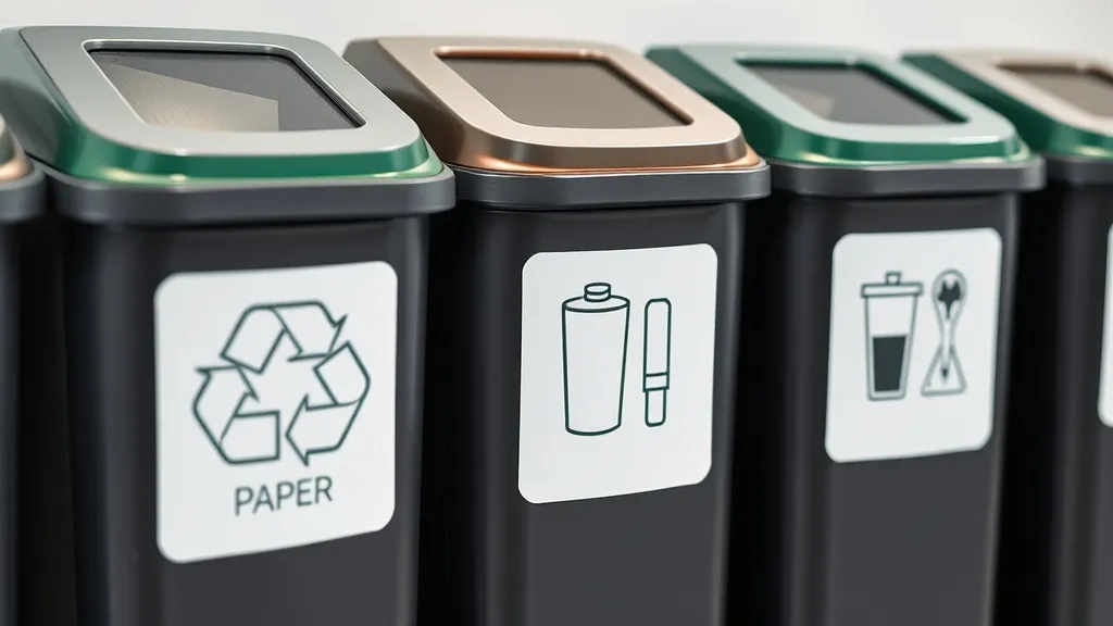 Close up of modern office recycling bins with clear icons fo