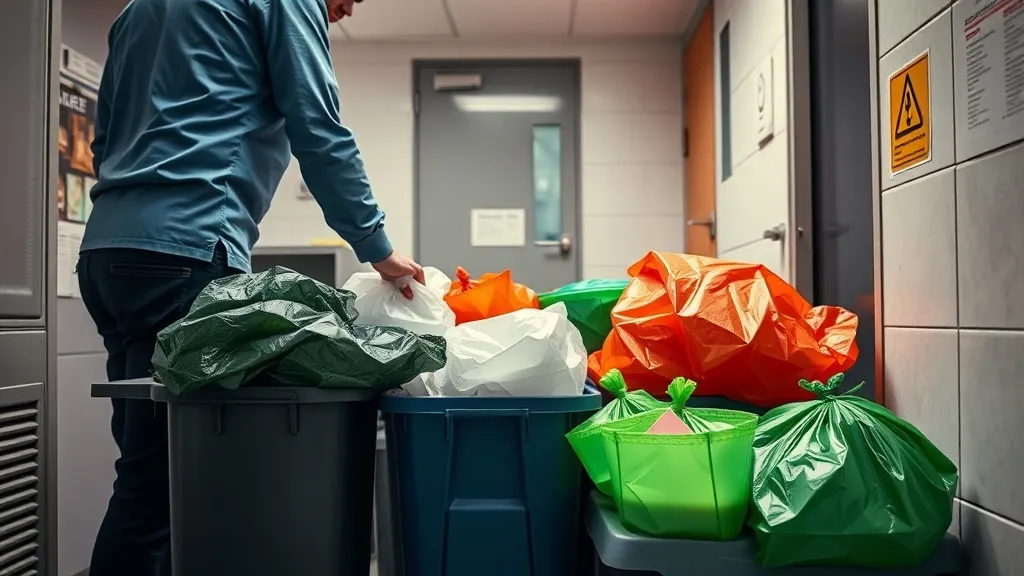 Professional worker sorting office waste in a utility room,