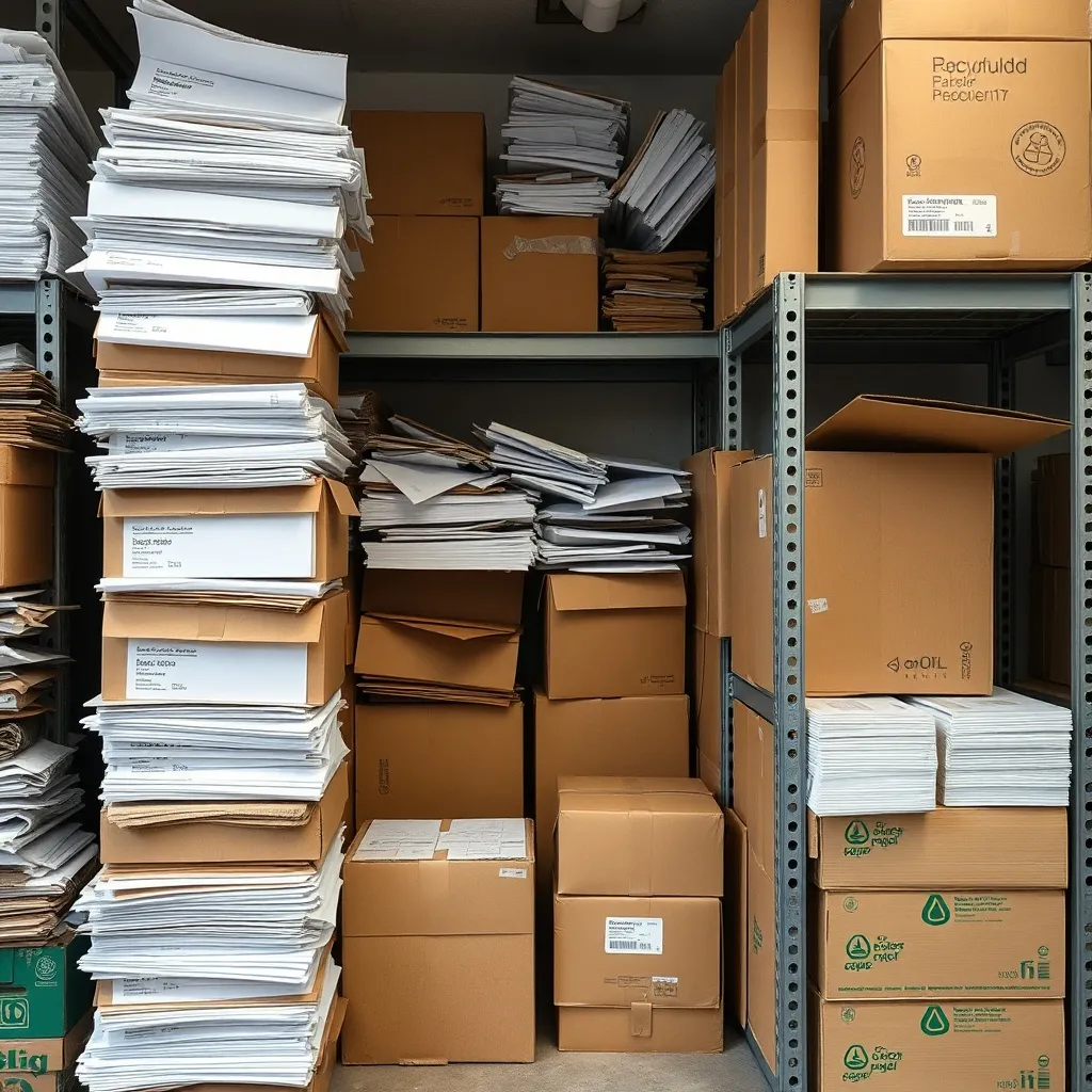 A stack of recycled paper and cardboard boxes in an office s